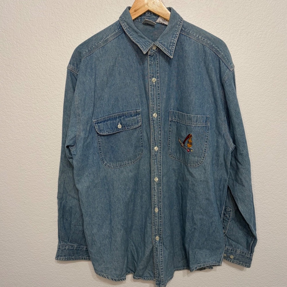 Vintage Disney Store‎ Seven Dwarfs Denim Shirt Mens Large Snow White Embroidered